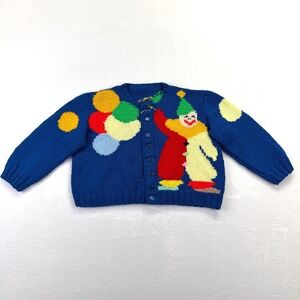 Vintage Handmade Clown Balloon Intarsia Knit Cardigan Kids *M/L Sweater Circus